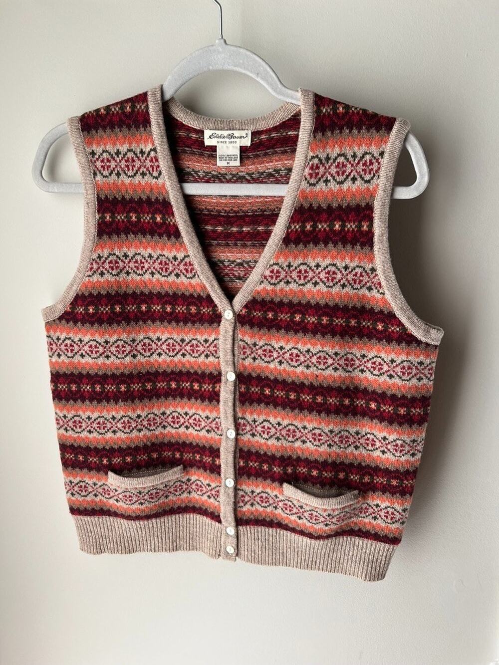 Eddie Bauer Wool Vest Fair Isle Nordic Grandpa Rust Coral M 80s 90s Vtg